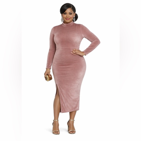 Ashro Dresses & Skirts - ASHRO Velour Stretchy Midi Blush Pink Dress Mock Neck Office Dinner Party Guest